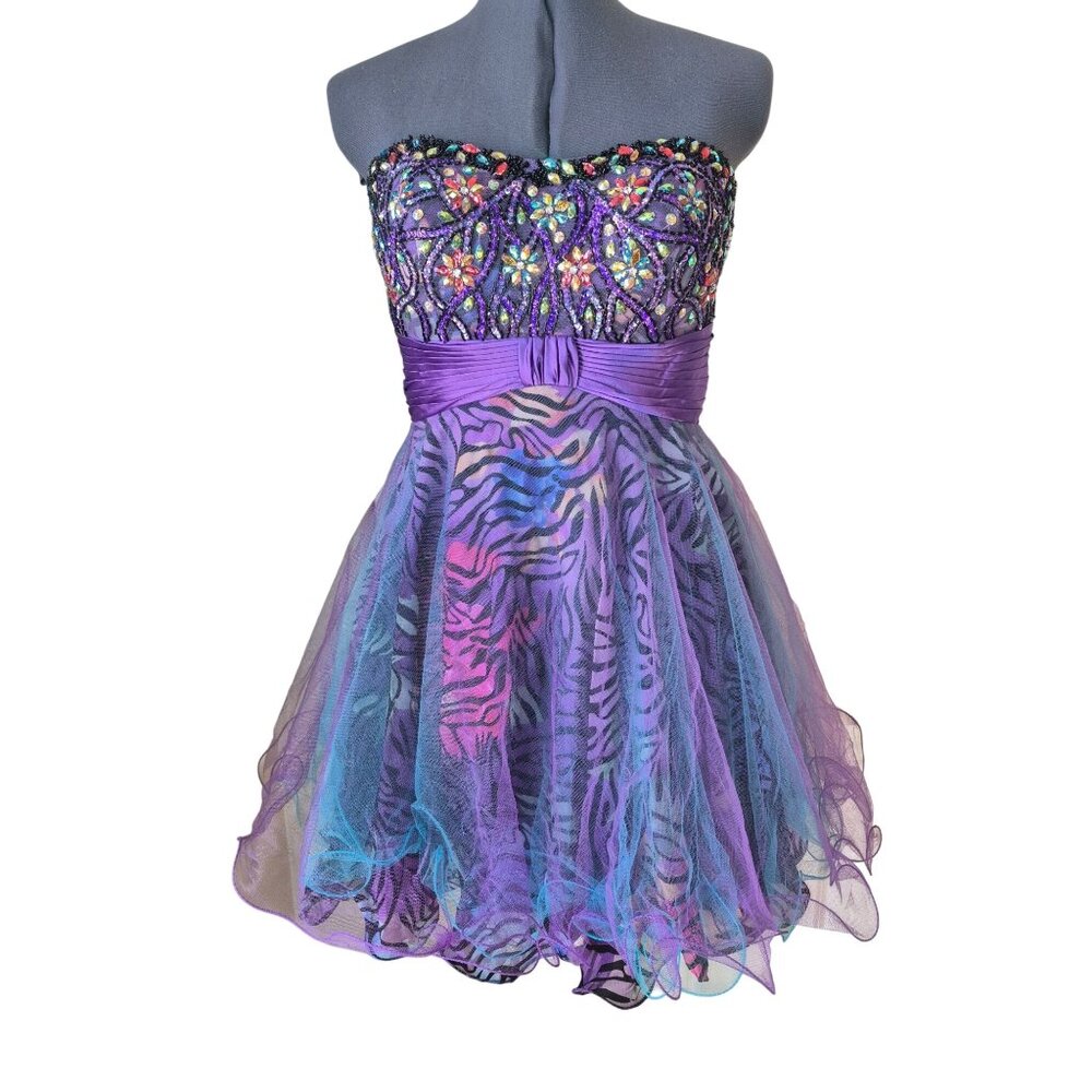 Purple Strapless Sequin Zebra Tulle Dress Size 8 By Jasz Couture
